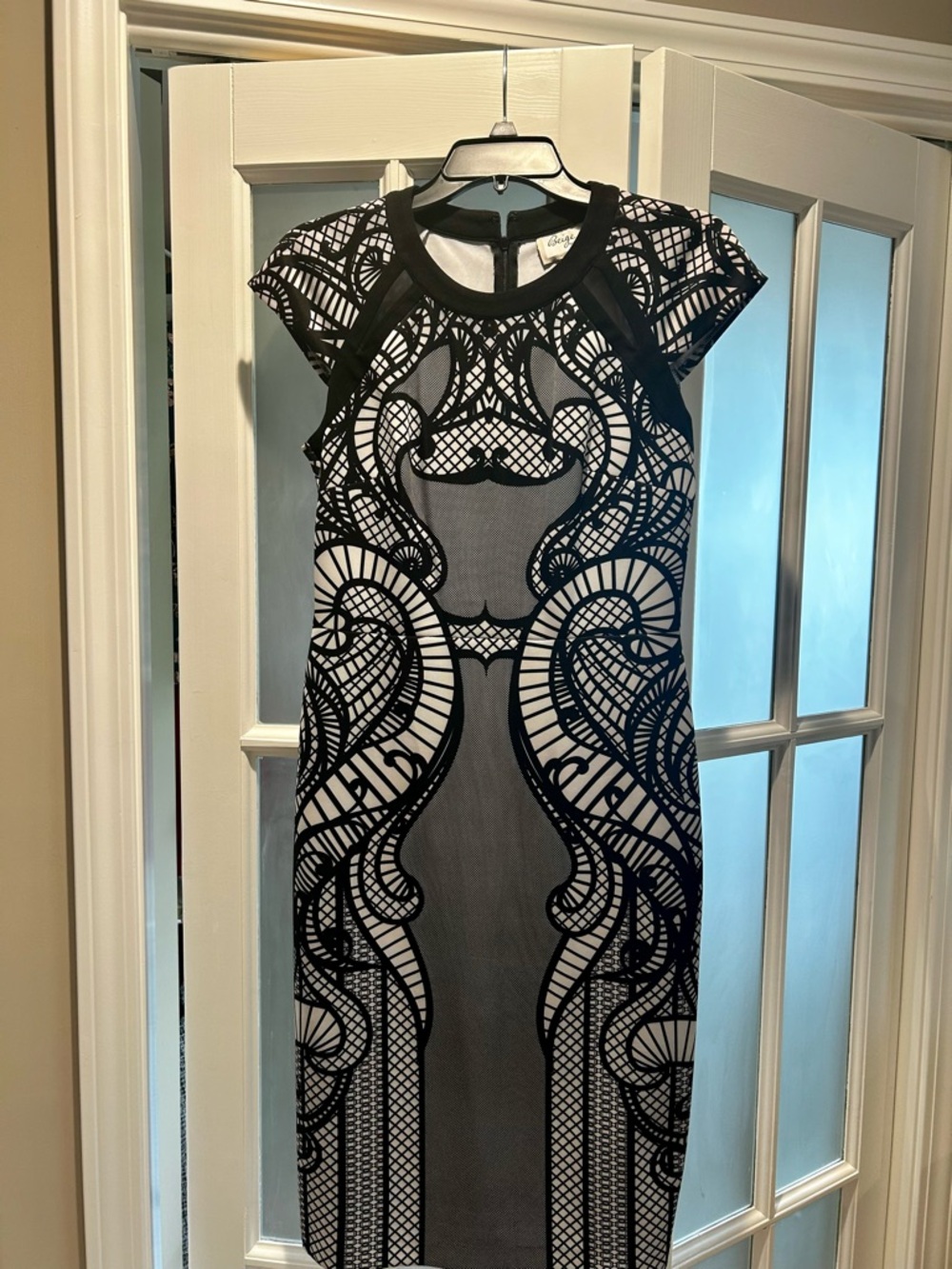 ECI Black and White Lace-Pattern Midi Dress